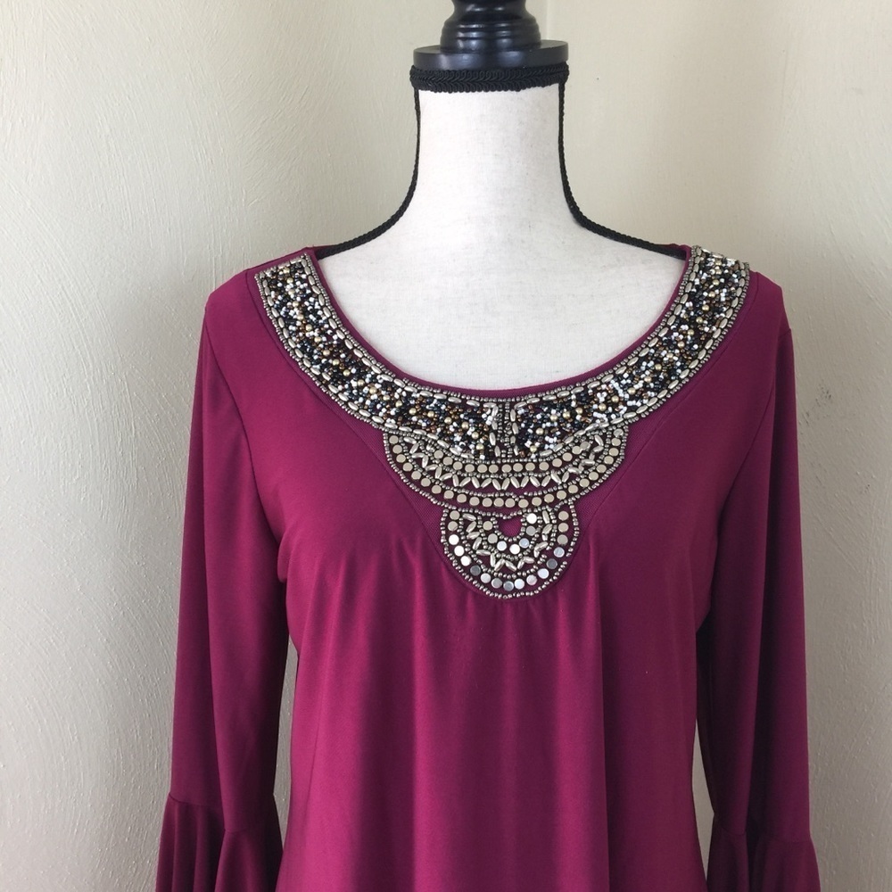 Haani Dress. Beaded Neckline. Burgundy. Sz L. - Picture 3 of 7